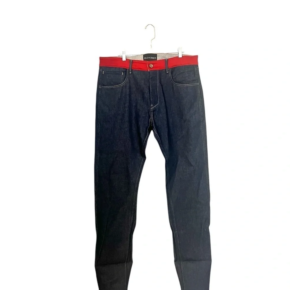 Trinidad3 - Men’s Dark Wash Jeans with Red Accents Straight Leg Waist 38